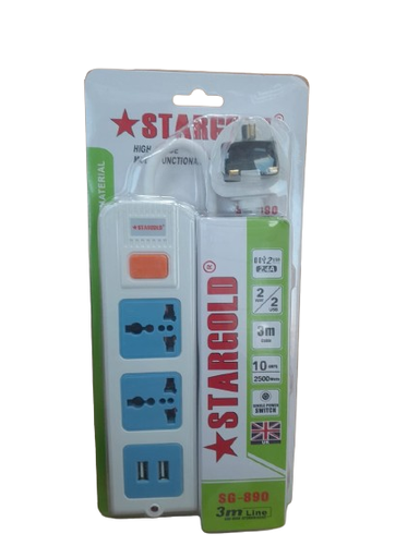 [SG-890] وصلة كهربائية من استار قو لد 3متر 2 مخارج  SG 2 WAY SOCKET WHIT UK 3M\USB